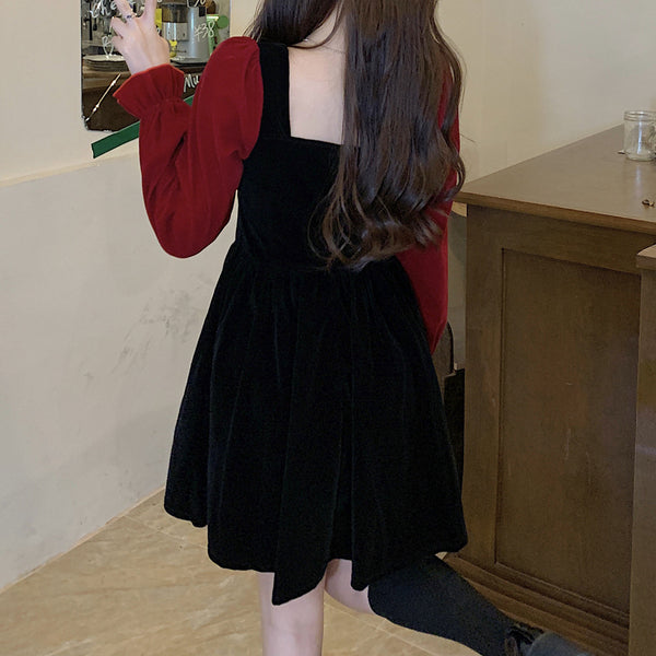 Oversized Bow-Paneled Velvet Long-Sleeve Dress