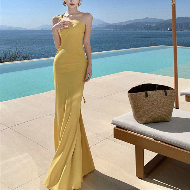 French-Style Backless Yellow Satin Evening Gown
