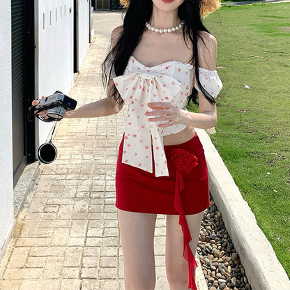 Bow-Tie Off-Shoulder Top And Skirt Two-Piece Set