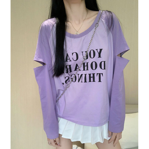 Patchwork Long Sleeve T-Shirt Ripped Color Block Letter Top