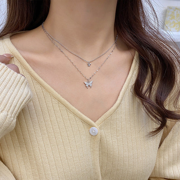 Double butterfly alloy clavicle necklace