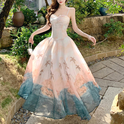 French-Style Tie-Dye Vacation Print Spaghetti Strap Dress