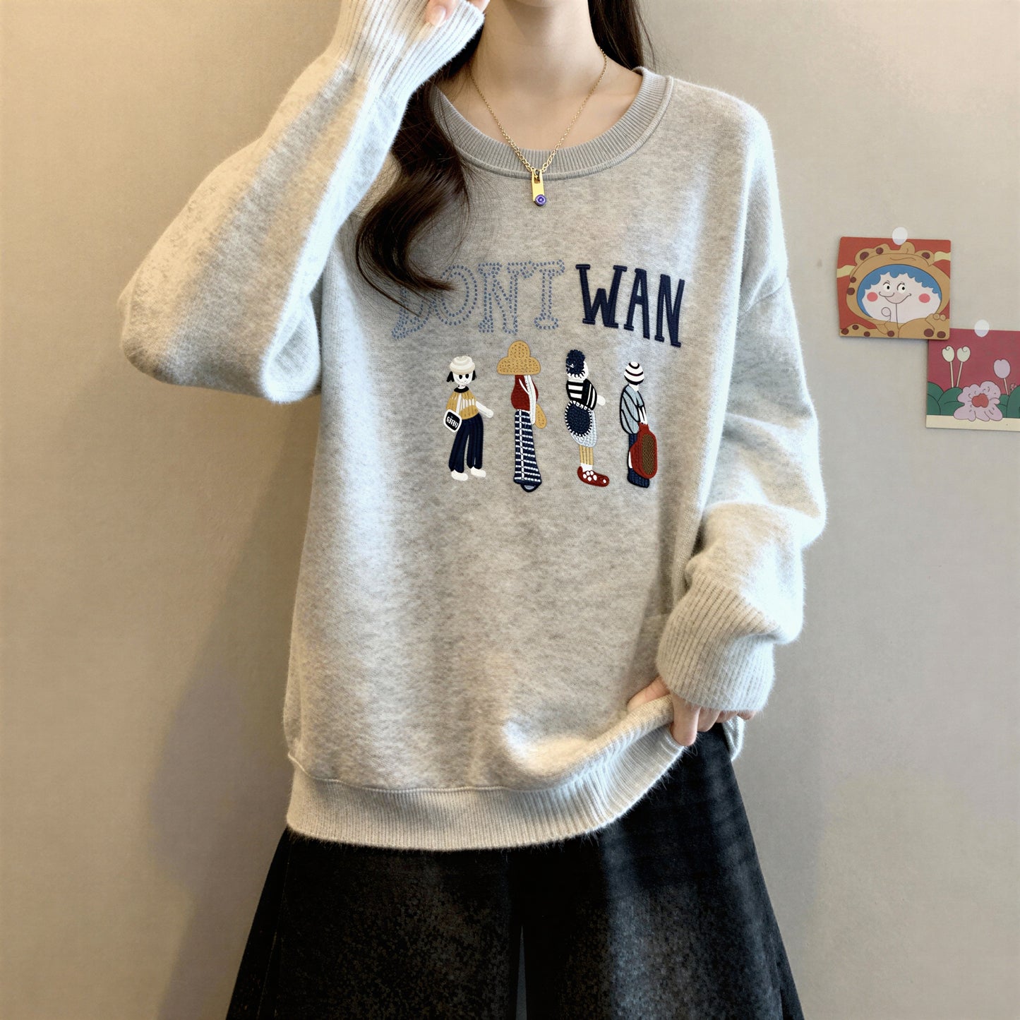 Cartoon Letter Print Long-Sleeved Sweatshirt