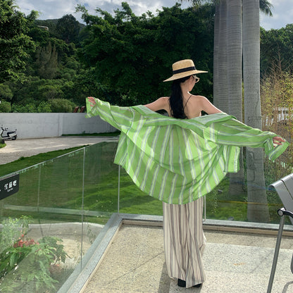 Brown Bikini Striped Wide-Leg Pants Suit