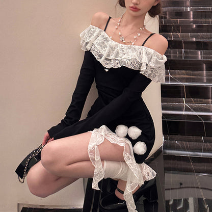 Sexy And Stylish Off-The-Shoulder Long-Sleeved Lace-Trimmed Bodycon Dress