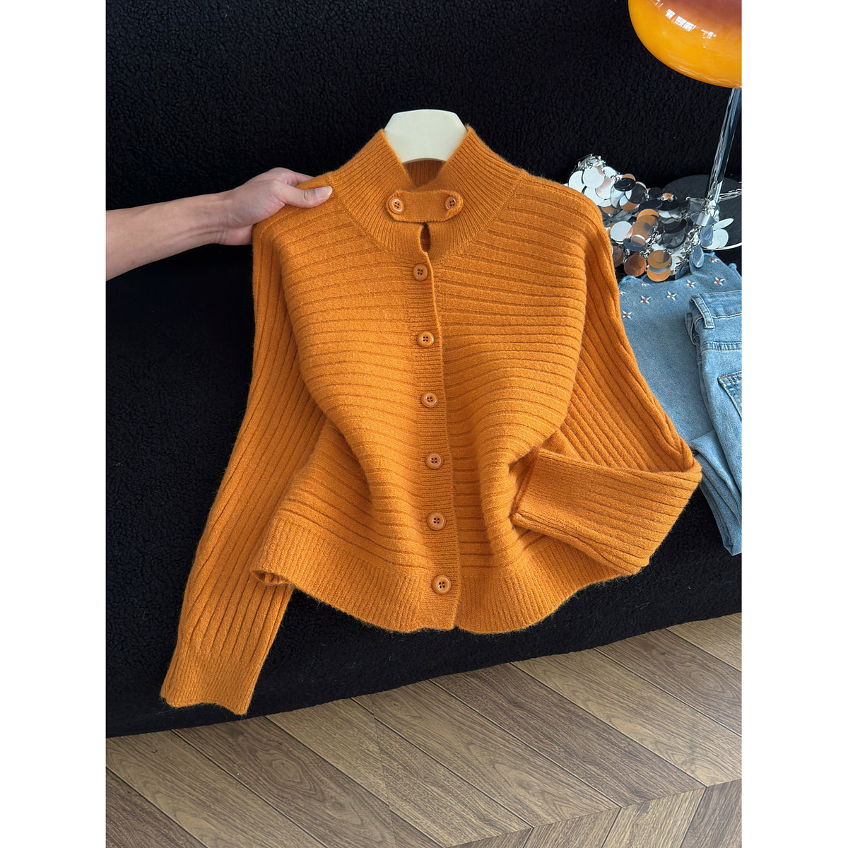 Stylish Stand-Up Collar Knit Cardigan