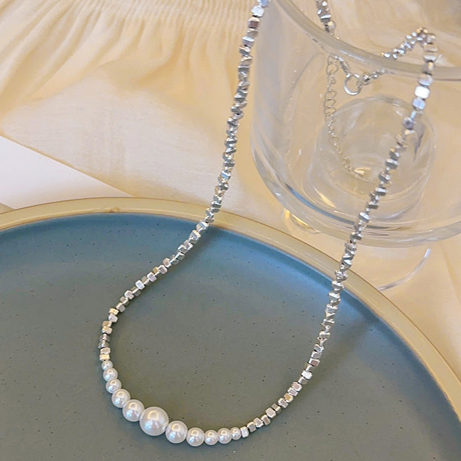 Broken Silver Pearl Clavicle Chain Necklace