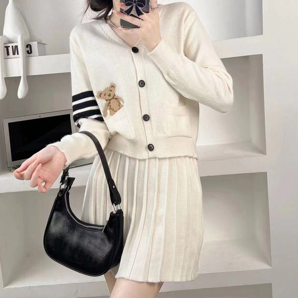 Bear Knitted Cardigan Top Paired With Pleated Skirt Set