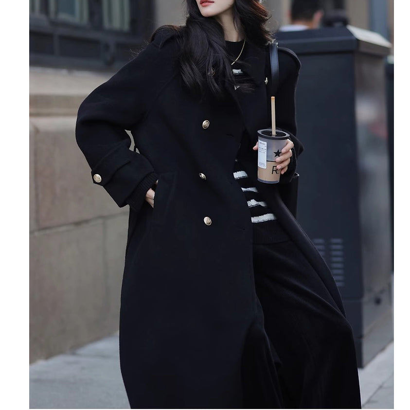 Retro Red Long Wool Coat With Gold Buttons