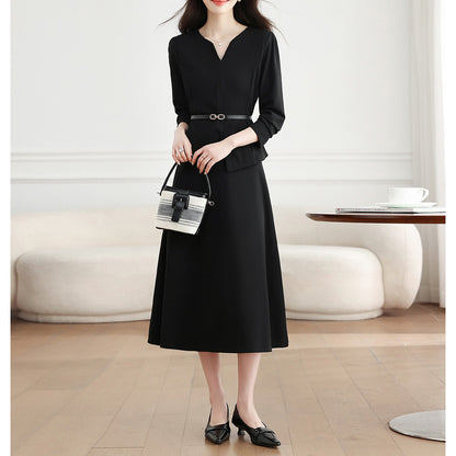 Black Long-Sleeved Top And Skirt Two-Piece Set