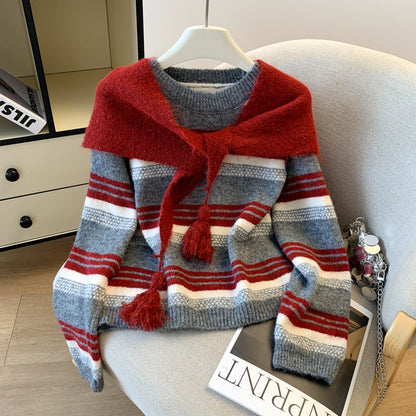 Stylish Striped Loose Knit Pullover (Shawl Included)
