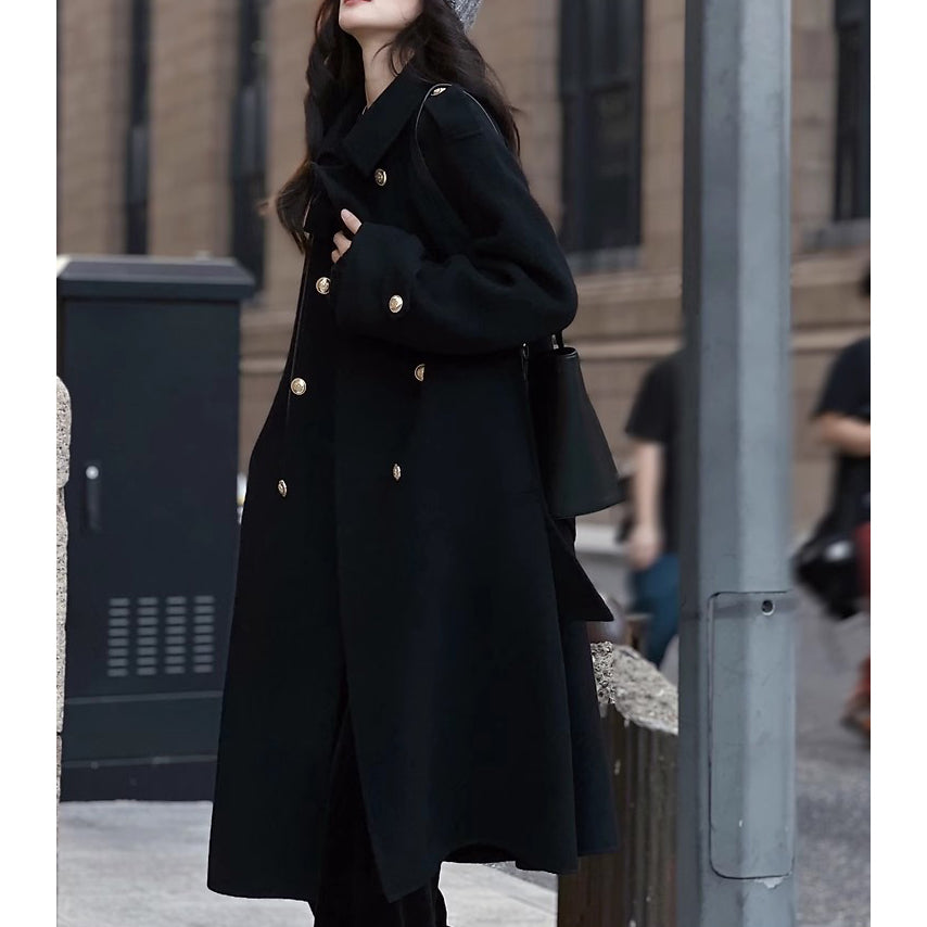Retro Red Long Wool Coat With Gold Buttons