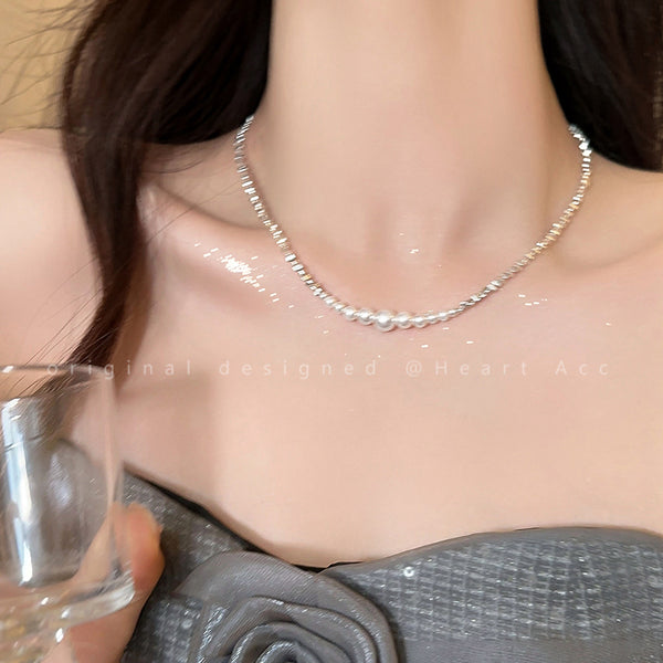 Broken Silver Pearl Clavicle Chain Necklace
