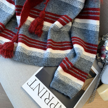 Stylish Striped Loose Knit Pullover (Shawl Included)