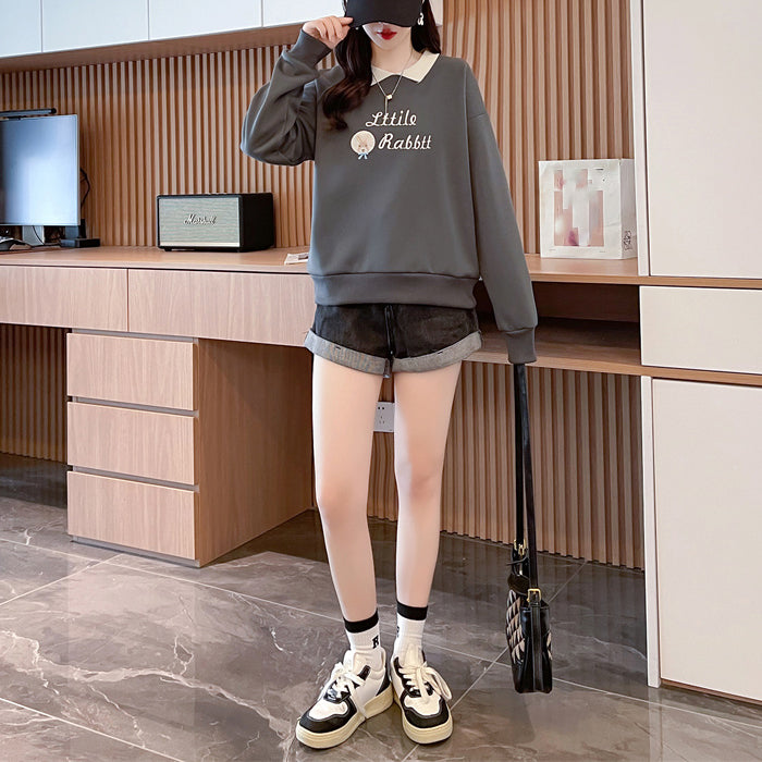 Loose-Fitting Op Collar Patchwork Plus Size Long-Sleeved Sweatshirt