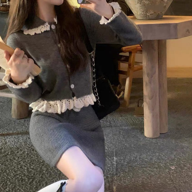 Detachable Heavy Handmade Crocheted Wool Sweater Skirt Set