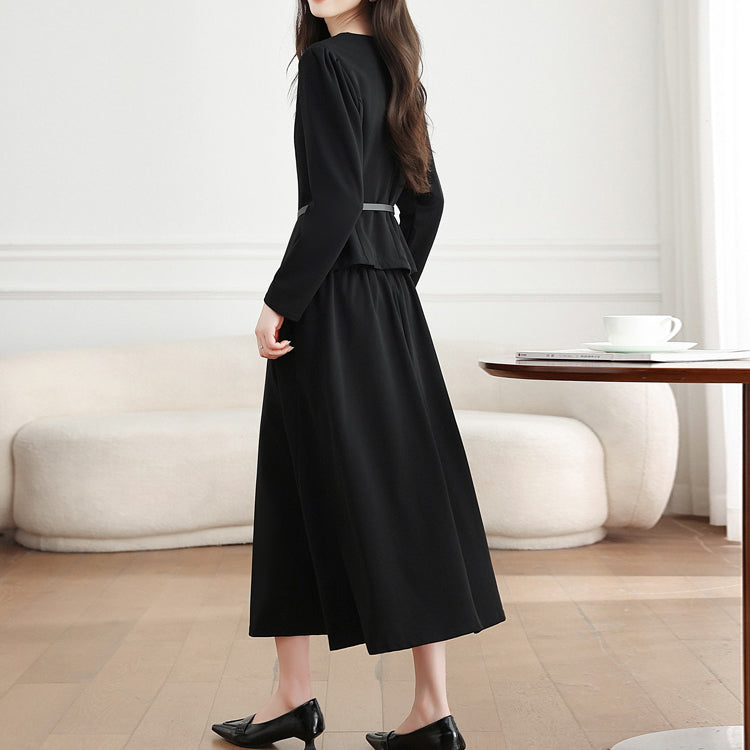 Black Long-Sleeved Top And Skirt Two-Piece Set