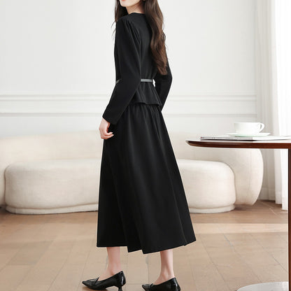 Black Long-Sleeved Top And Skirt Two-Piece Set