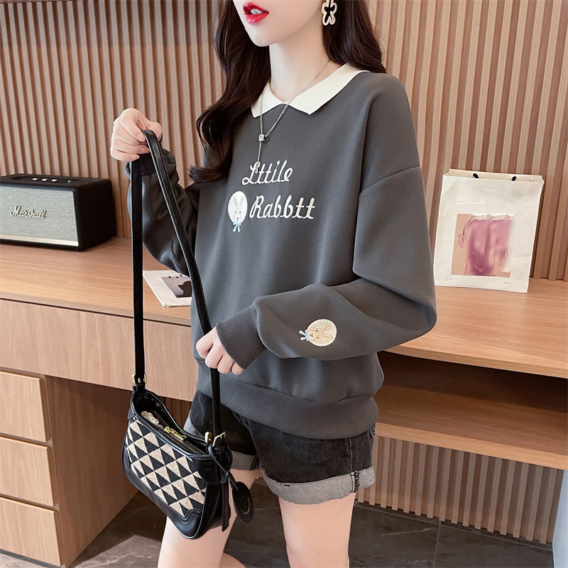 Loose-Fitting Op Collar Patchwork Plus Size Long-Sleeved Sweatshirt