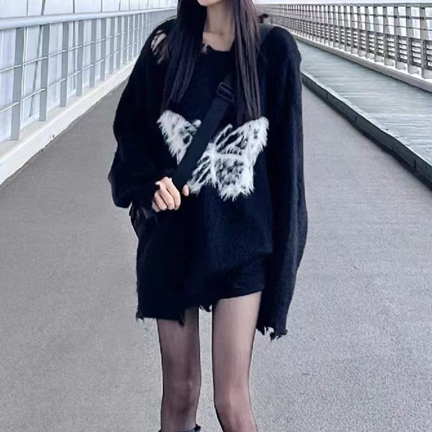 Knitted Jacquard Butterfly Black Sweater Mohair Ripped Top