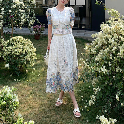 Lace Floral Puff Sleeve Skirt Set