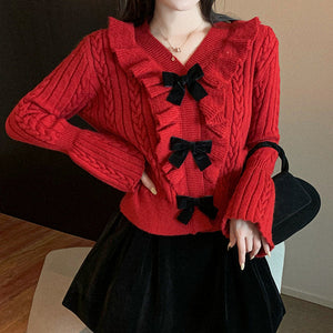 V-Neck Twist Sweater Bow Red Top Ruffle Collar
