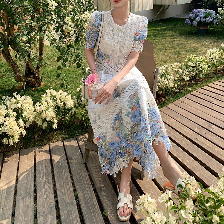 Lace Floral Puff Sleeve Skirt Set