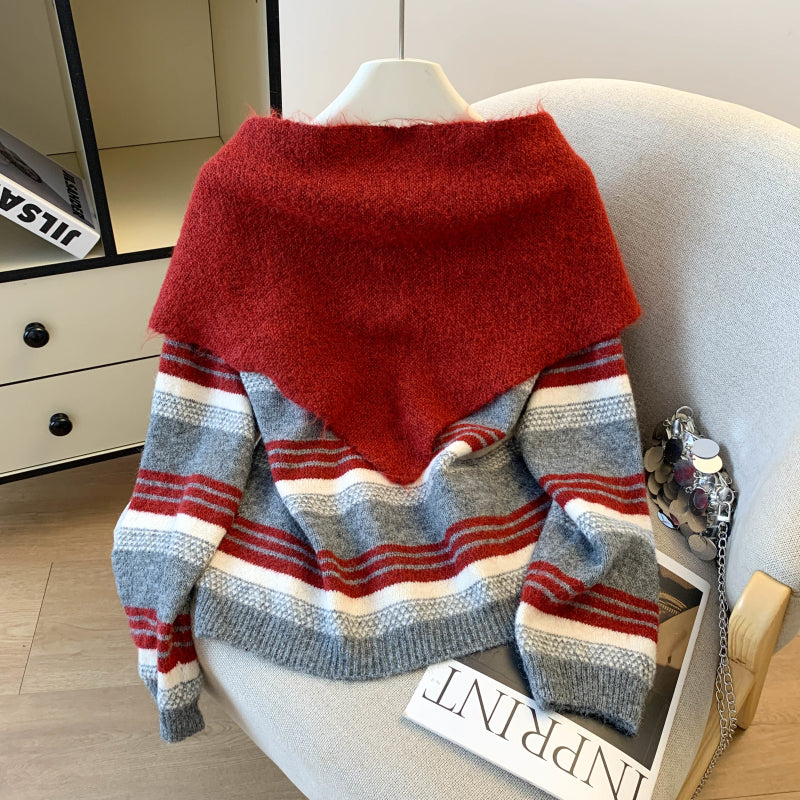 Stylish Striped Loose Knit Pullover (Shawl Included)