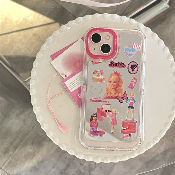 Cartoon Barbie Pink Princess Mirror Creative Protective Case