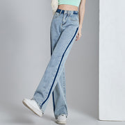 Contrasting color high-waist wide-leg jeans