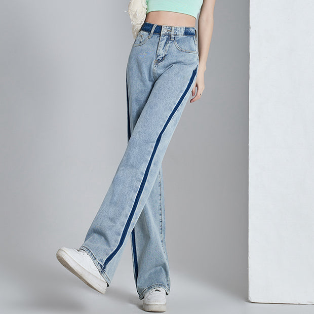 Contrasting color high-waist wide-leg jeans