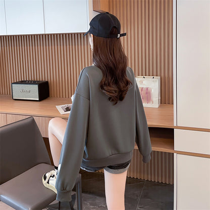 Loose-Fitting Op Collar Patchwork Plus Size Long-Sleeved Sweatshirt