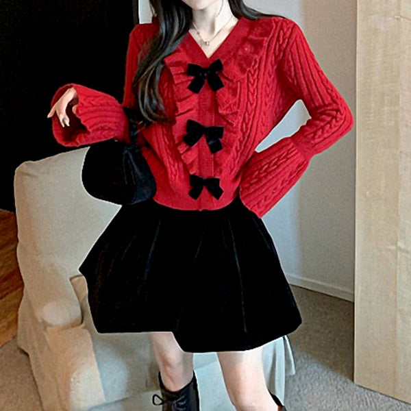 V-Neck Twist Sweater Bow Red Top Ruffle Collar