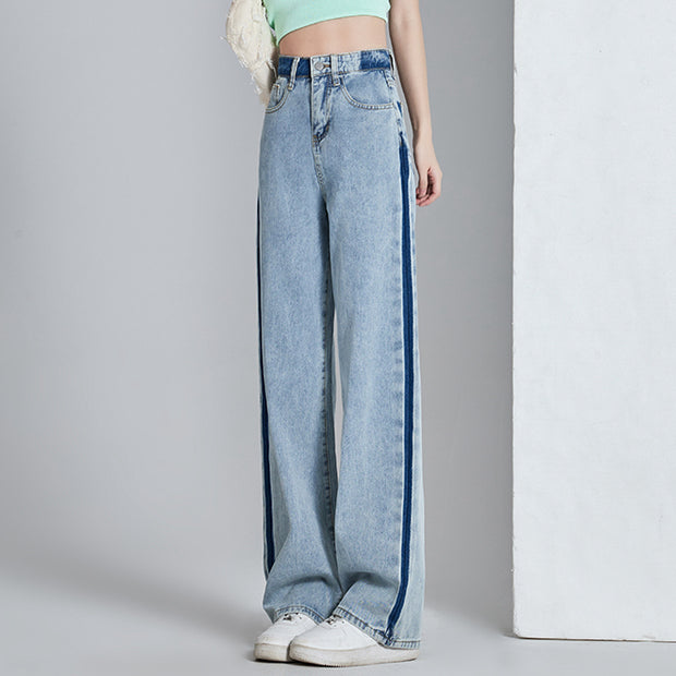 Contrasting color high-waist wide-leg jeans