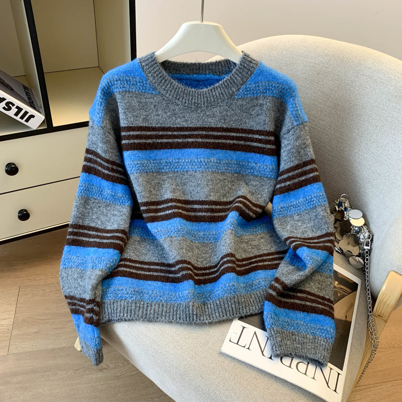 Stylish Striped Loose Knit Pullover (Shawl Included)
