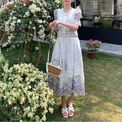 Lace Floral Puff Sleeve Skirt Set