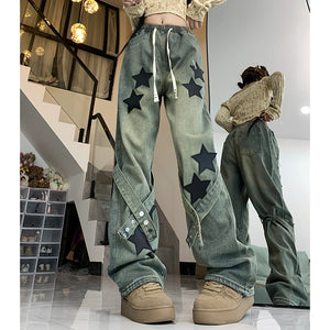 Star Strap High Waist Versatile Printed Jeans