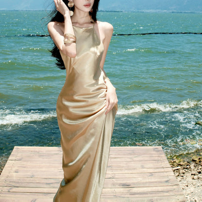 French-Style Heavy-Duty Rhinestone-Studded Acetate Halter Neck Dress