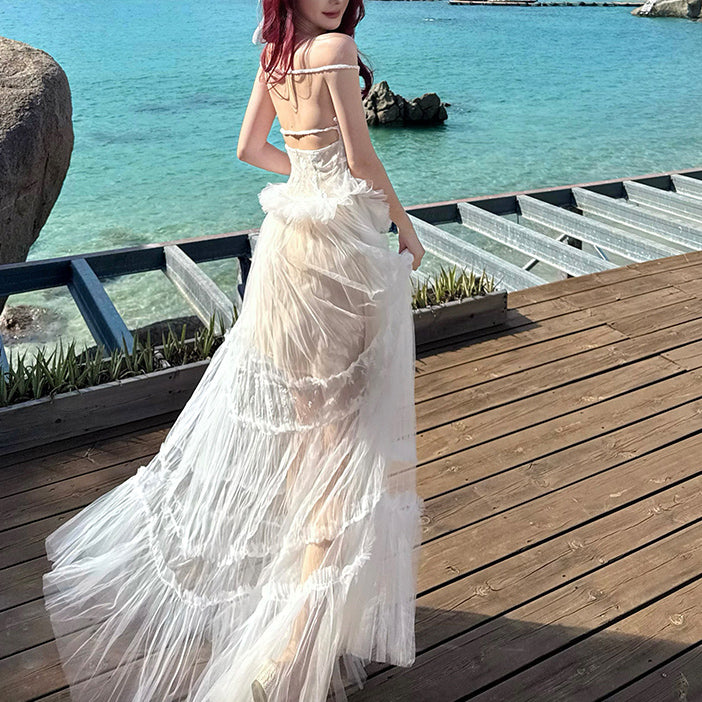 Vacation Lace Mesh Halter Neck Backless Dress