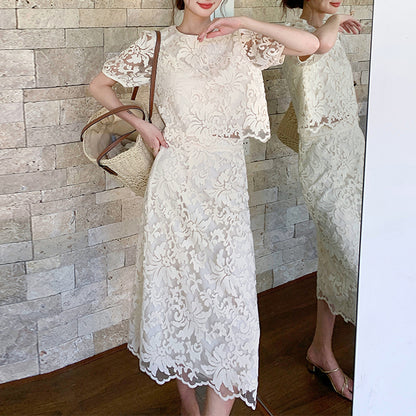 Heavy Embroidered Lace Top And Skirt Two-Piece Set