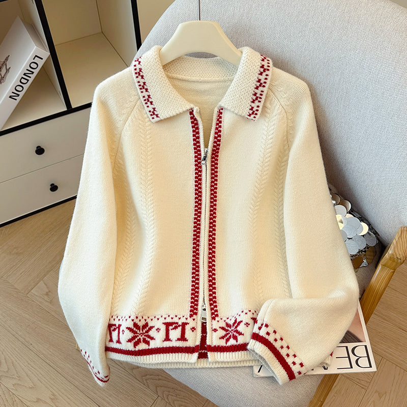 Snowflake Jacquard Colorblock Crew Neck Knit Cardigan