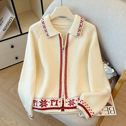 Snowflake Jacquard Colorblock Crew Neck Knit Cardigan