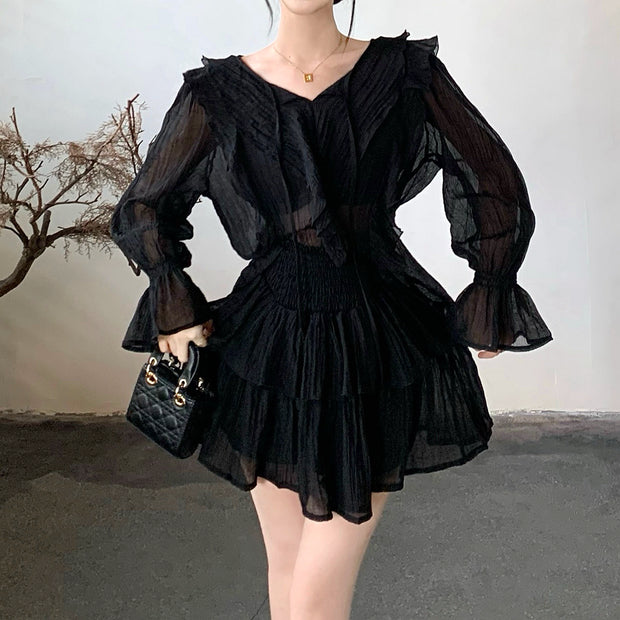 Trumpet sleeve tie shirt high waist cake skirt set