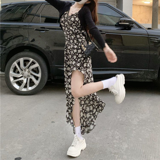 Irregular slit black slim floral sling dress