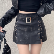 Metal Ring High Waist Belt A-Line Leather Skirt