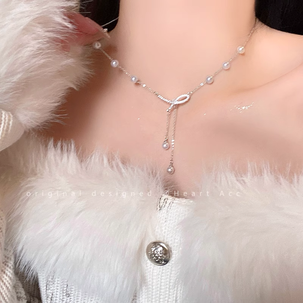 Pearl Tassel Bow Necklace Clavicle Fashionable Sweater Chain