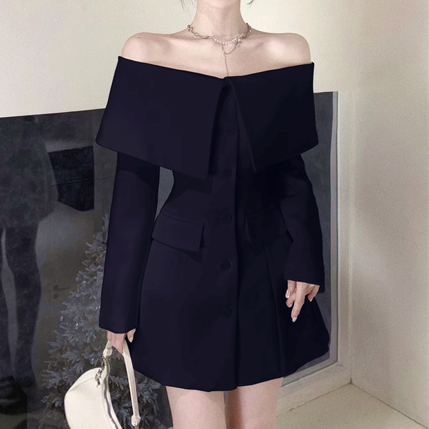 Off-Shoulder Waisted Long-Sleeved Suit Dress