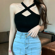 Cross-back stretch sleeveless slim tank top