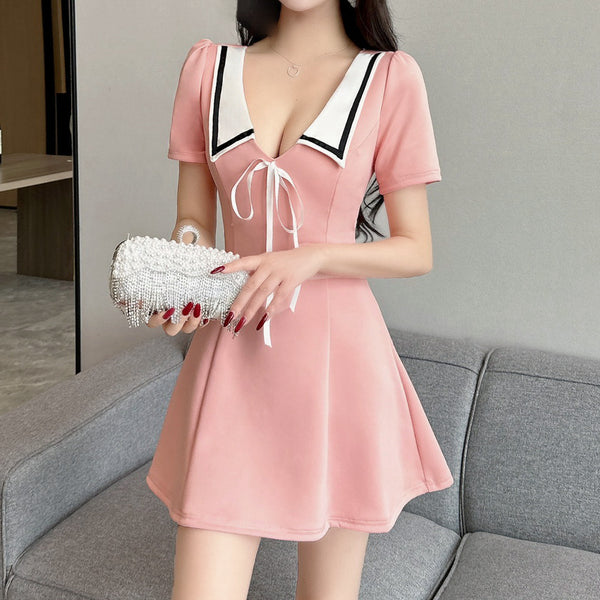 Contrast Color Lapel Uniform High Hem Short Sleeve Dress