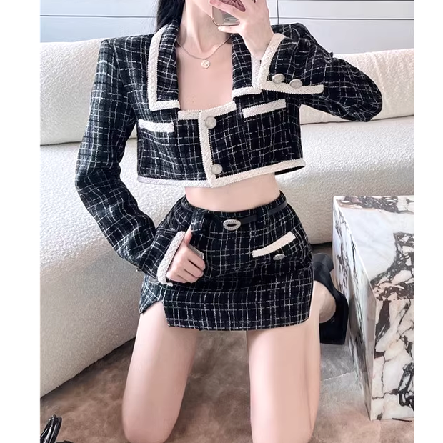 Plaid Long Sleeve Short Jacket Slit Belt Skirt Set